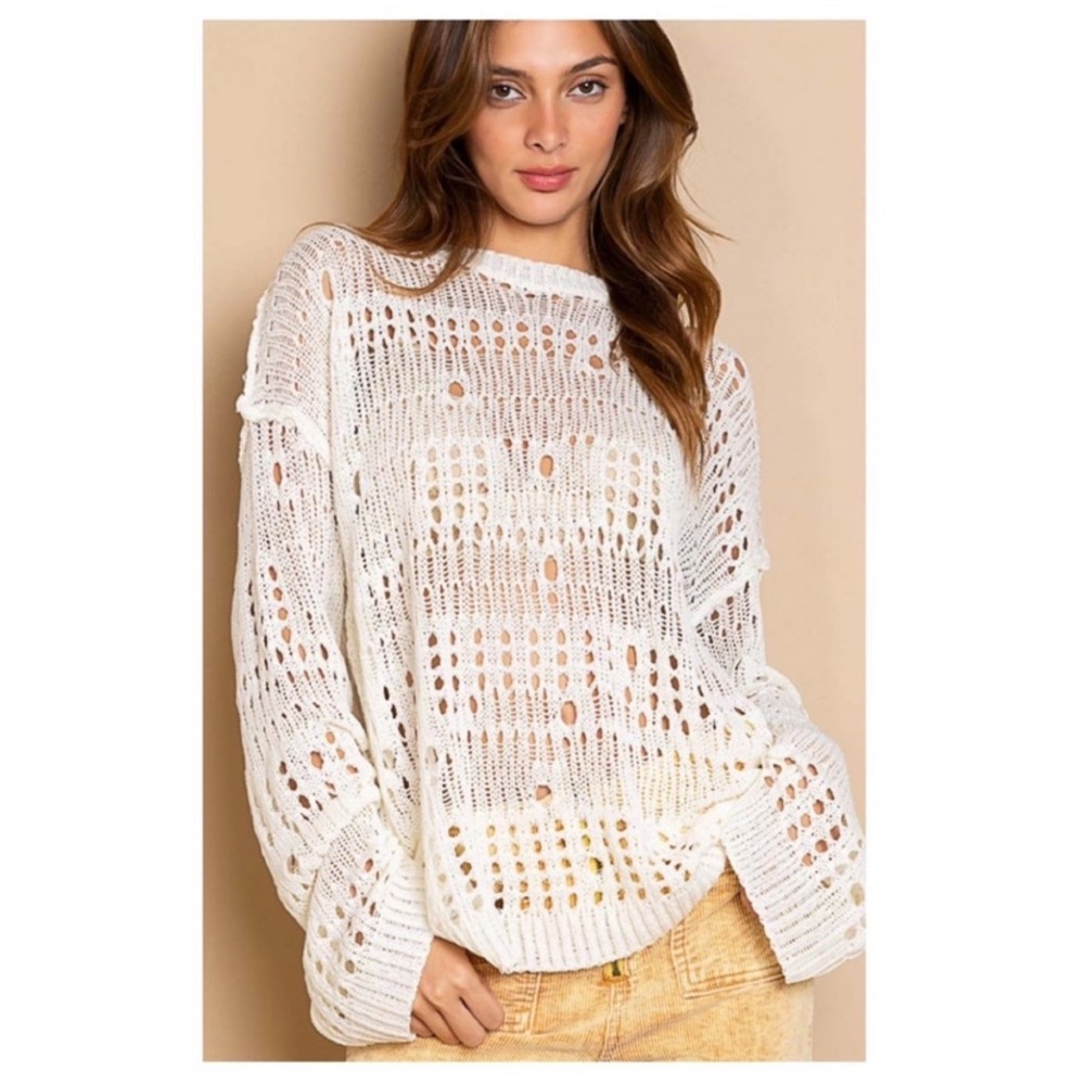 New Beautiful POL Crochet Detail Oversized Ivory Lightweight Sweater